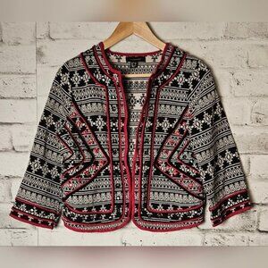 Atmosphere Boho Open Front Black, White, & Red Trim Patterned ¾ Sleeve Jacket
